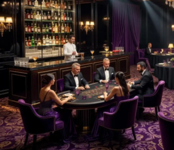 Luxus kaszinó lounge belső tér, elegáns asztalokkal és hangulatos megvilágítással