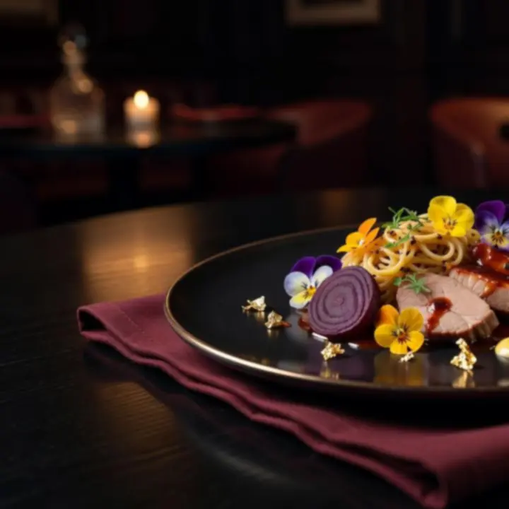 Művészien tálalt gourmet fogás arany részletekkel a tányéron