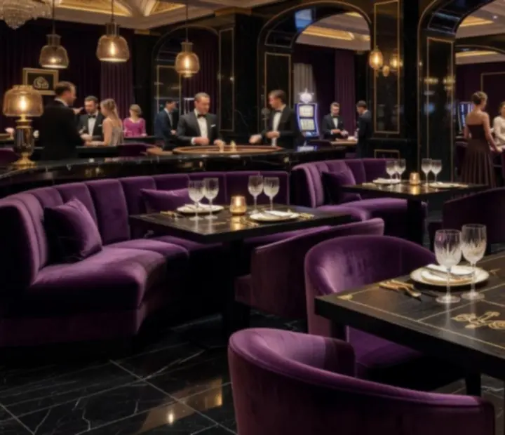 Luxus étterem-kaszinó lounge félhomályos, arany fényekkel megvilágított belső tere