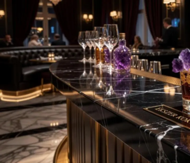 Signature koktélokkal teli bárpult arany és amethyst díszítésekkel a kaszinó lounge-ban