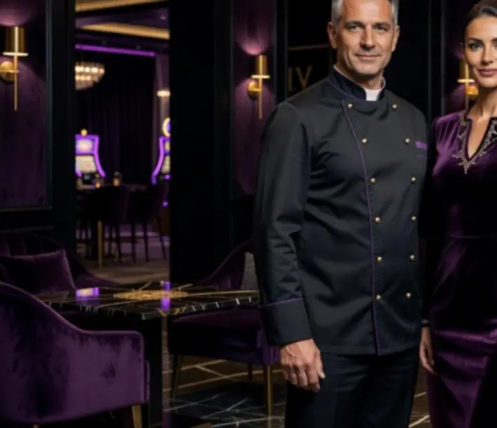 Executive chef és general manager elegáns, félhomályos kaszinó-éttermi térben